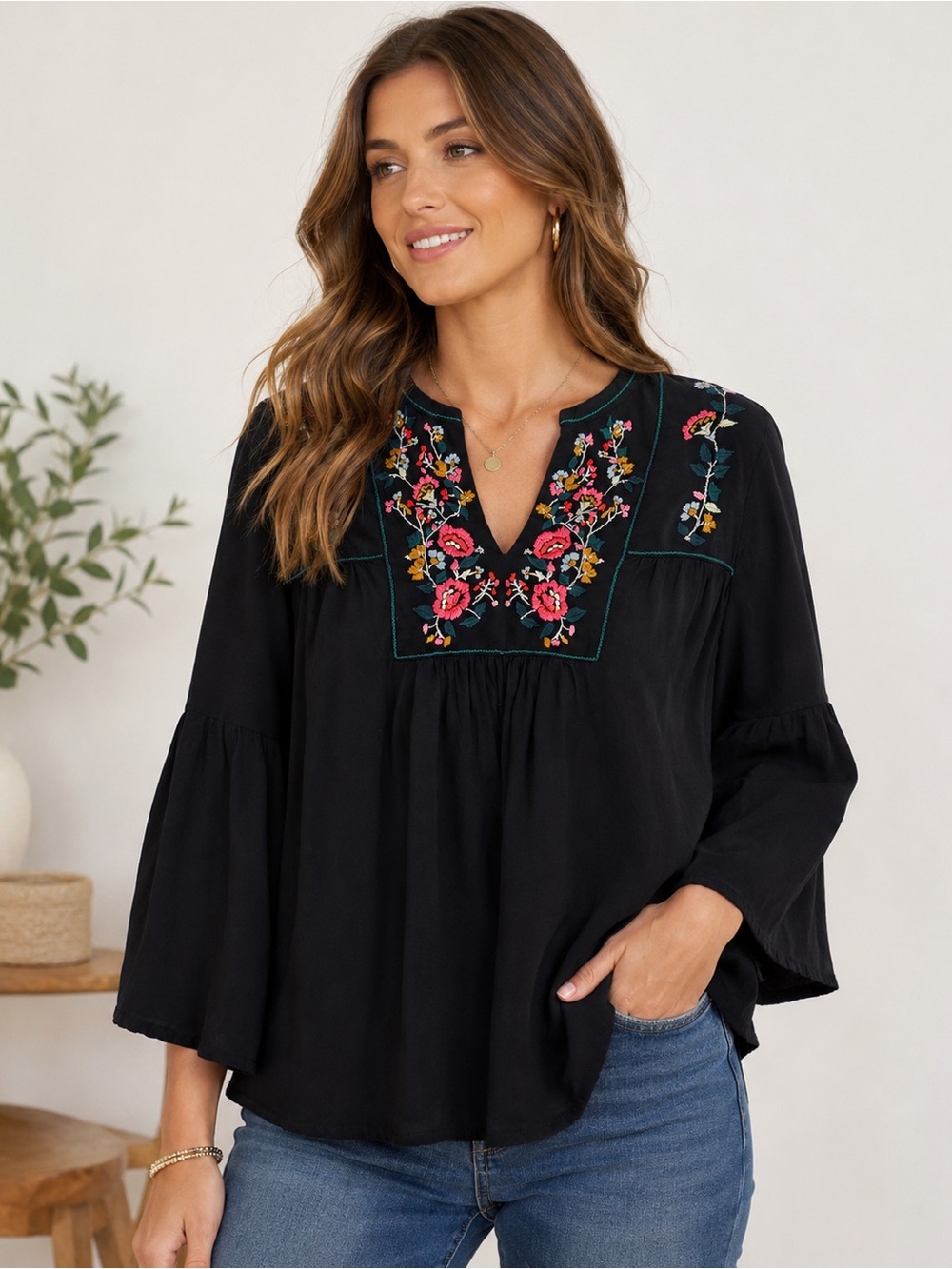 LOFT Petites SP Black Floral Embroidered Peasant Boho Blouse Rayon Top